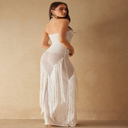 Elegant Sheer Crochet Halter Maxi Dress